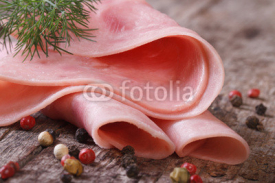 Fototapety ham macro on an old table with dill and pepper. horizontal