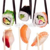 Fototapety Sushi with chopsticks isolated over white background