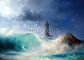 Fototapety Seascape Wave and lighthouse