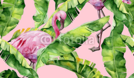     Tropical leaves, dense jungle. Banana palm leaves Seamless watercolor illustration of tropical pink flamingo birds. Trendy pattern with tropic summertime motif. Exotic Hawaii art background. 