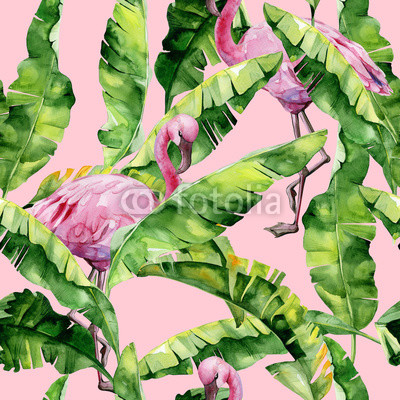     Tropical leaves, dense jungle. Banana palm leaves Seamless watercolor illustration of tropical pink flamingo birds. Trendy pattern with tropic summertime motif. Exotic Hawaii art background. 
