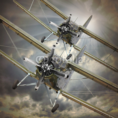 Retro style picture of the biplanes. Transportation theme.