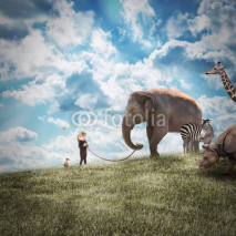 Obrazy i plakaty Girl Walking Elephant and Animals in Nature
