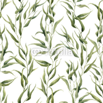 Naklejki Watercolor green floral seamless pattern with eucalyptus leaves. Hand painted pattern with branches and leaves of eucalyptus isolated on white background. For design or background