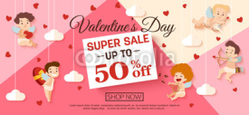 Valentines day sale banner with cupid for campaign, online shop. Vector illustration.