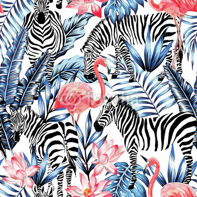 watercolor flamingo, zebra and palm leaves tropical pattern 