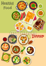 Lunch and dinner dishes icon set for food design