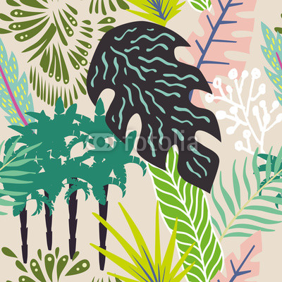 Abstract leaves and palm trees seamless beige background
