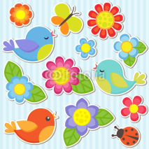 Set of flowers and birds