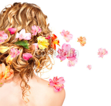 Obrazy i plakaty Hairstyle with colorful flowers. Haircare concept. Backside view