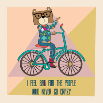 Naklejki Hipster poster with nerd bear riding bike