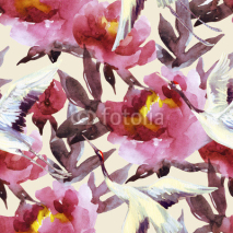 Fototapety Hand painted watercolor peonies and crane birds