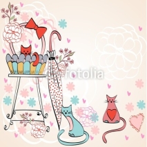 Fototapety Vintage card vector with cats in bright colors