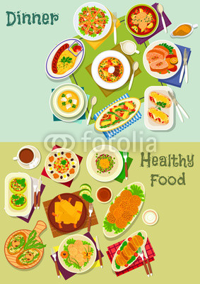 Dinner dishes icon set with salad, snack and soup