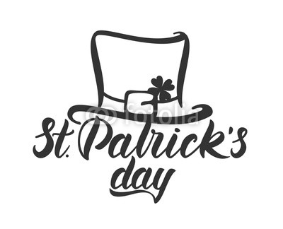 Vector illustration: Hand drawn brush lettering composition of St. Patrick's Day with leprechaun hat on white background. Typography design.