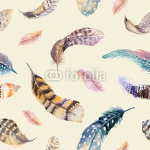Feathers repeating pattern. Watercolor background with seamless