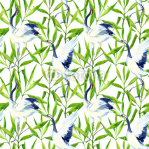 Naklejki Watercolor asian crane bird seamless pattern