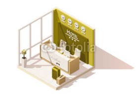 Vector isometric low poly hotel reception cutaway icon. Includes reception desk and suitcases