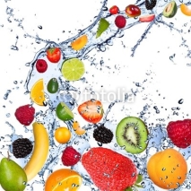 Fototapety Fruits falling in water splash, isolated on white background