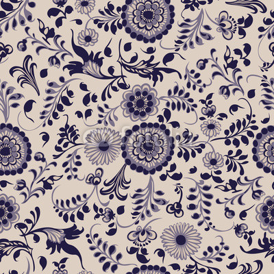 Seamless pattern, floral decorative elements in gzhel style