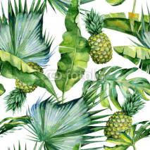 Fototapety Seamless watercolor illustration of tropical leaves and pineapple, dense jungle. Pattern with tropic summertime motif may be used as background texture, wrapping paper, textile,wallpaper design. 