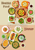 Salad and snack dishes for festive dinner icon set