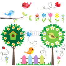 Garden set with birds, blooming trees, flowers and insects.