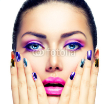 Naklejki Beauty Makeup. Purple Make-up and Colorful Bright Nails