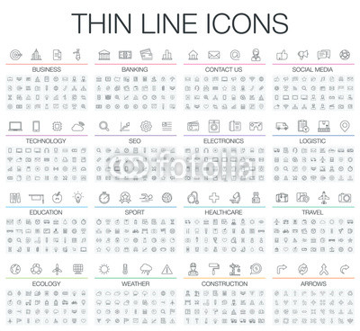 Vector illustration of thin line icons business, banking, contact us, social media, technology, logistic, education, sport, medicine, travel and weather. Flat symbols set
