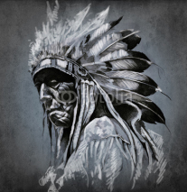 Naklejki Tattoo art, portrait of american indian head over dark backgroun