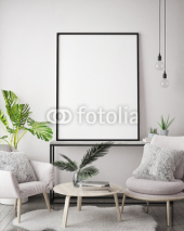 mock up poster frame in hipster interior background, scandinavian style, 3D render, 3D illustration