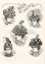 Fototapety Elegant hat fashion for woman. Vintage style picture. Paris 1897