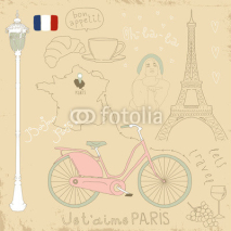 Fototapety Vector set of Paris symbols on vintage old papers. 