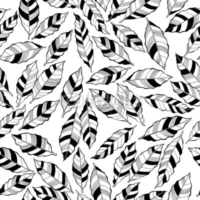 Seamless monochrome pattern with striped abstract leaves.