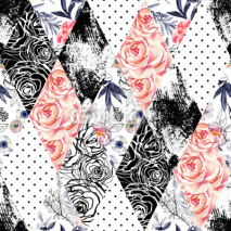 Fototapety Abstract watercolor and ink doodle flowers, leaves, weeds background.