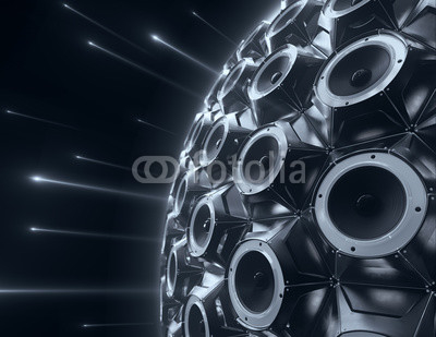 black sphere of audio speakers and several opticle flare. 3d rendering