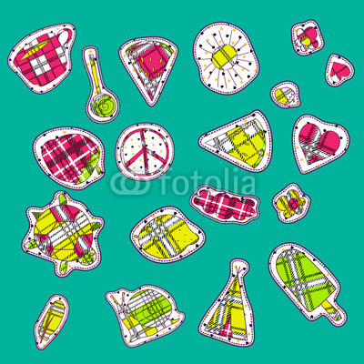 hippie embroidery neon palette summer patches collection. vector set illustration coffee cup, wigwam, sun, cloud, heart, ice cream, snail, turtle, watermelon, strawberry, feather, for stickers patches