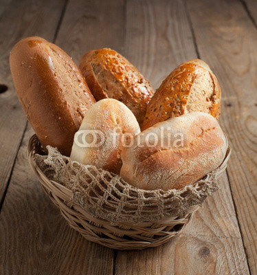 Bakery product assortment with bread loaves and buns