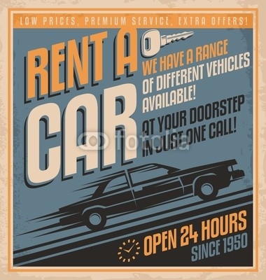 Old fashioned comics style rent a car poster design
