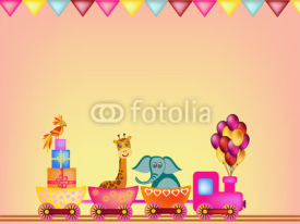 parrot, giraffe, elephant in train frame