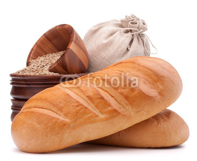 Bread, flour sack and grain isolated on white background cutout