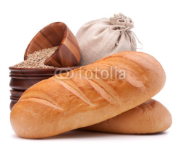 Obrazy i plakaty Bread, flour sack and grain isolated on white background cutout
