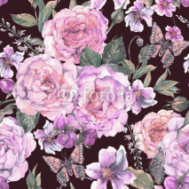 Fototapety Seamless background with roses and butterfly