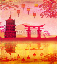 Naklejki Chinese New Year card - Traditional lanterns and Asian buildings
