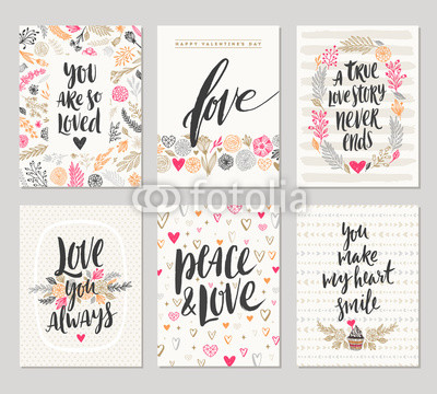 Vector set of Valentine's Day hand drawn posters or greeting card with handwritten calligraphy quotes, phrase and illustrations.