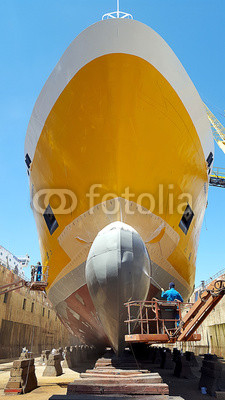 bow view of ship refitting at drydock