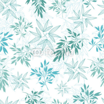 Naklejki Vector teal tropical leaves summer seamless pattern with tropical green, blue plants and leaves on white background. Great for vacation themed fabric, wallpaper, packaging.