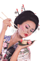 woman in Japanese kimono with chopsticks and sushi roll