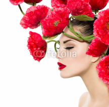 Naklejki Beauty Fashion Model Woman with Red Poppy Flowers in her Hair