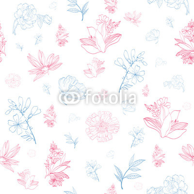 Vector Pastel Pink Blue Japanese Asian Floral Seamless Pattern